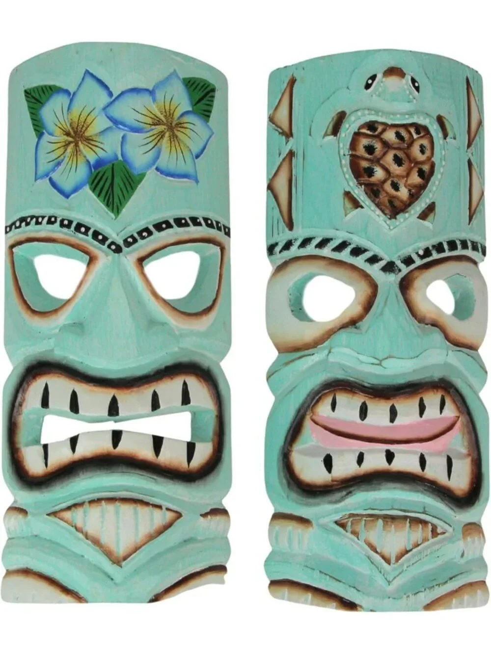 Set of 2 Handcrafted Tiki Wall Masks - Aqua Flower & Sea Turtle Decor, 12